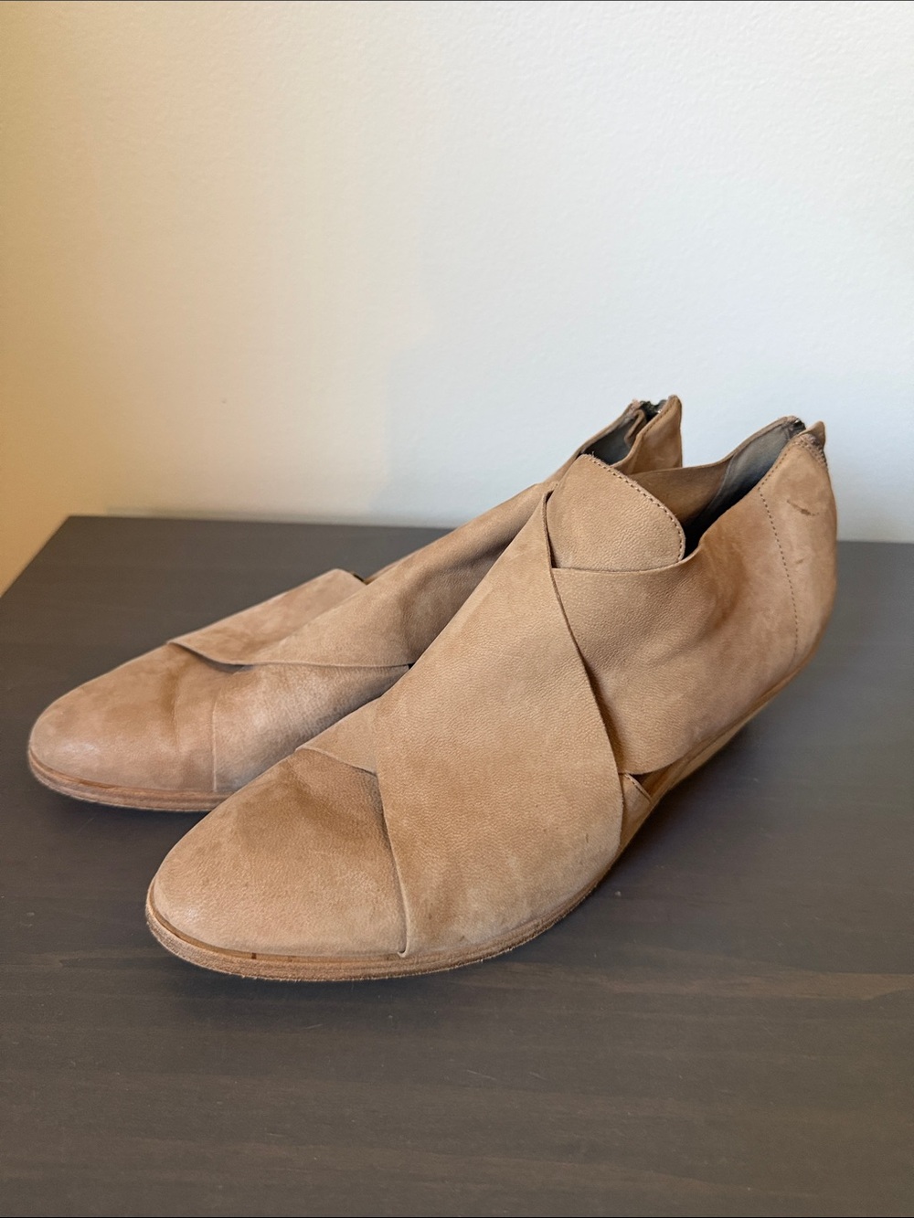 Eileen Fisher "Cluster" Crisscross Low Ankle Bootie in Tan